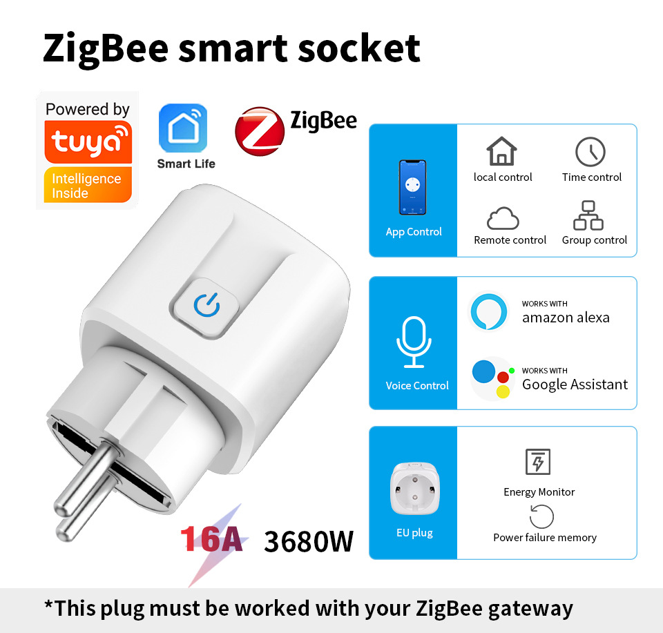 Smart Socket 16A Tuya App - Tuya Zigbee3.0 Smart Socket European Plug