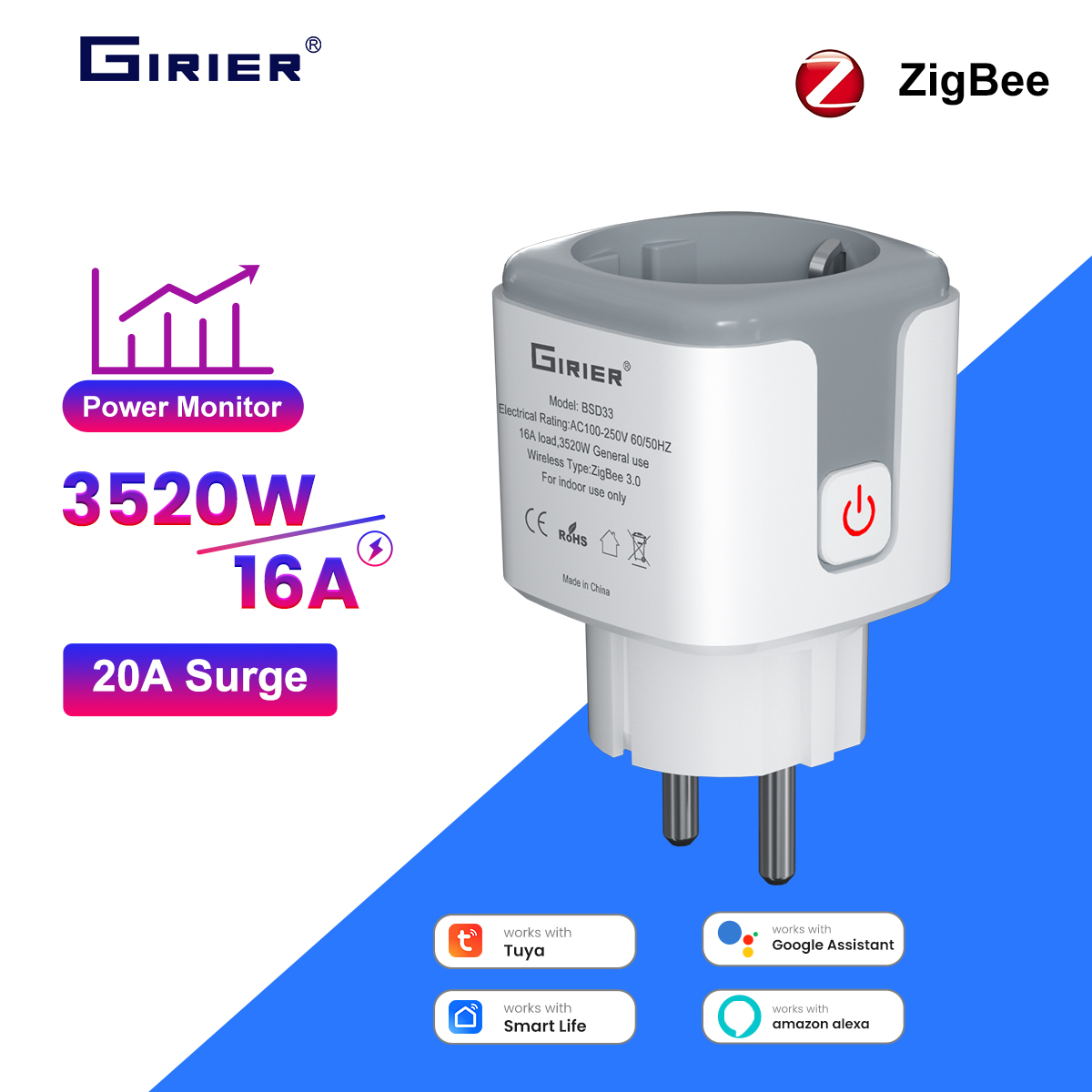 Smart Plug Zigbee 16A - GIRIER Tuya Smart ZigBee Power Plug